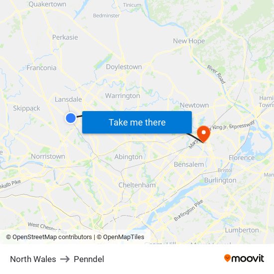 North Wales to Penndel map