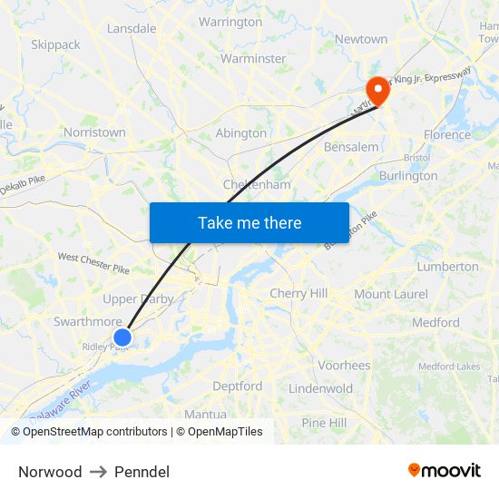 Norwood to Penndel map