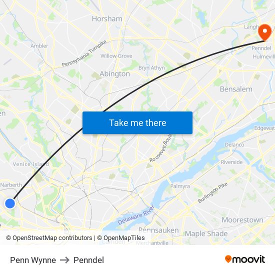 Penn Wynne to Penndel map