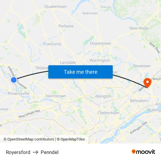 Royersford to Penndel map