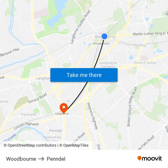 Woodbourne to Penndel map