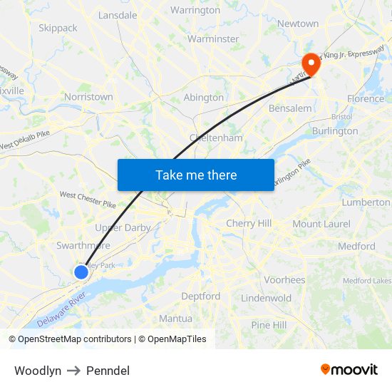 Woodlyn to Penndel map