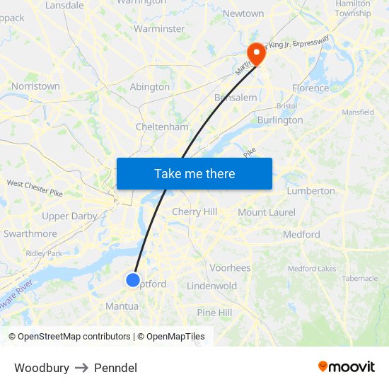 Woodbury to Penndel map