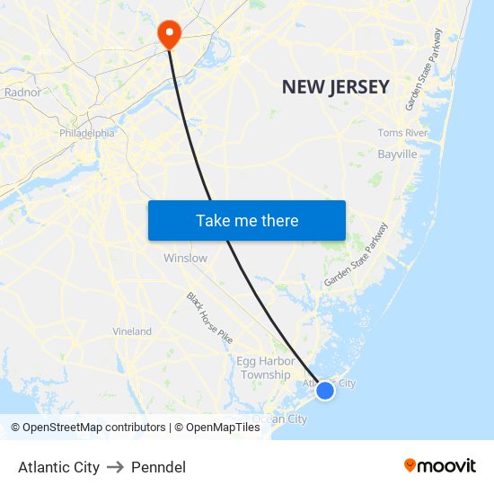 Atlantic City to Penndel map