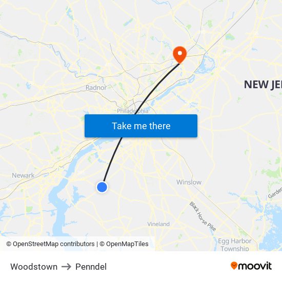 Woodstown to Penndel map