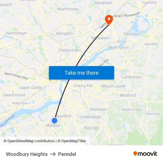 Woodbury Heights to Penndel map