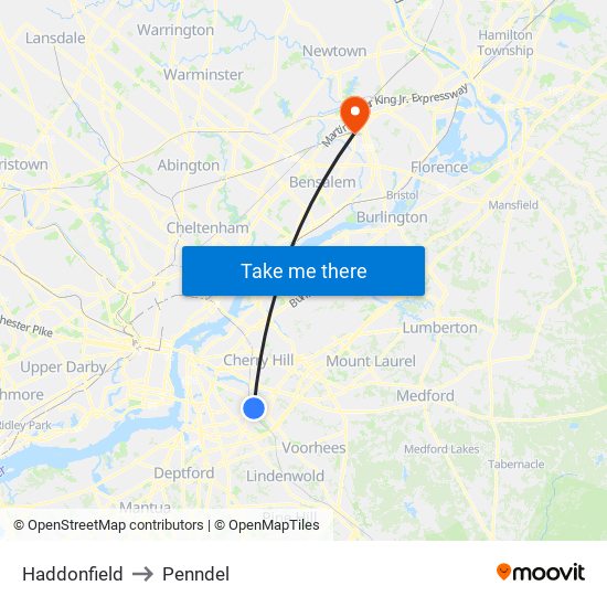 Haddonfield to Penndel map