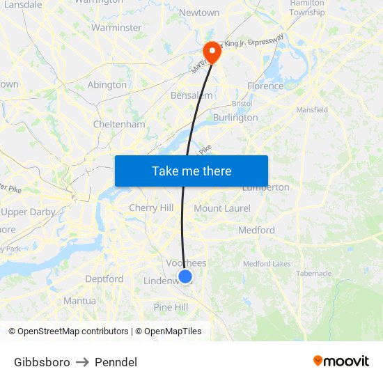 Gibbsboro to Penndel map