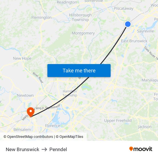 New Brunswick to Penndel map