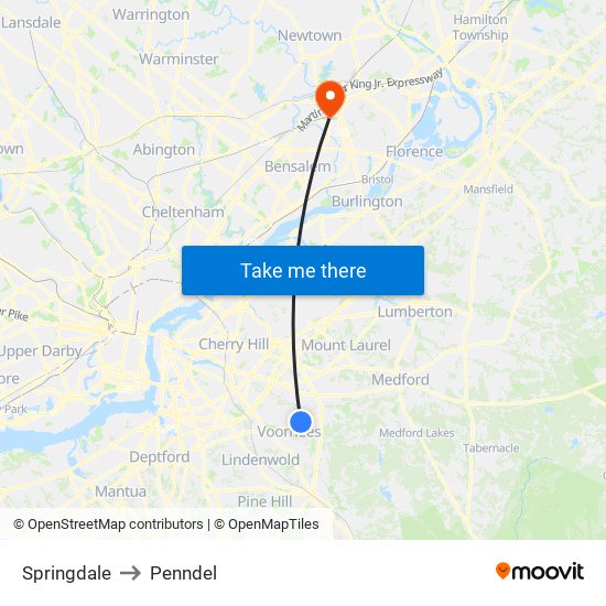 Springdale to Penndel map