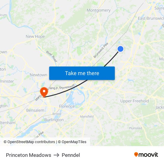 Princeton Meadows to Penndel map