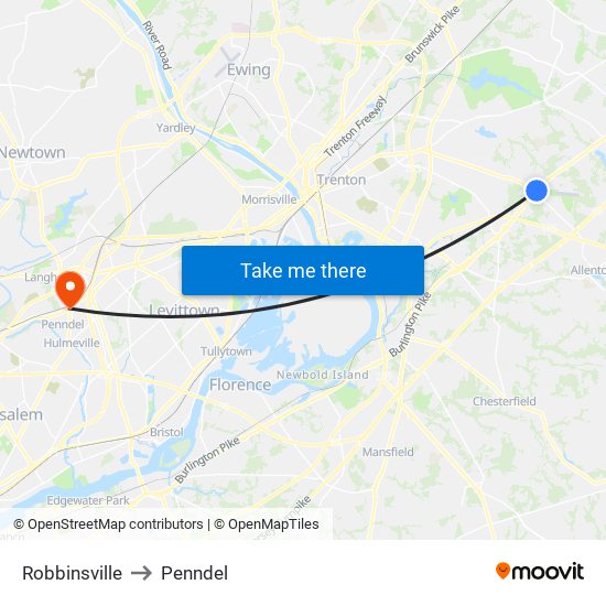 Robbinsville to Penndel map