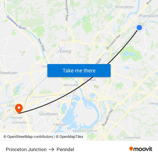 Princeton Junction to Penndel map