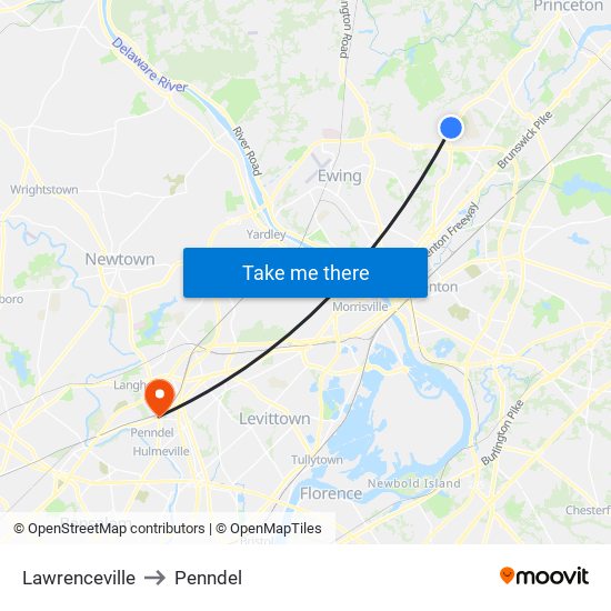 Lawrenceville to Penndel map