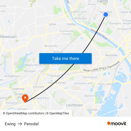 Ewing to Penndel map