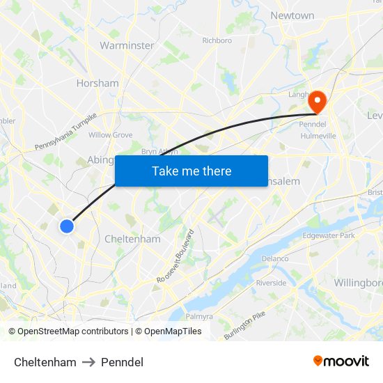 Cheltenham to Penndel map