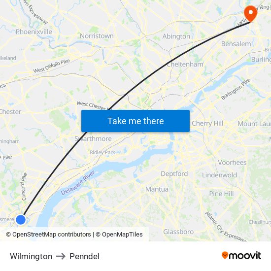 Wilmington to Penndel map