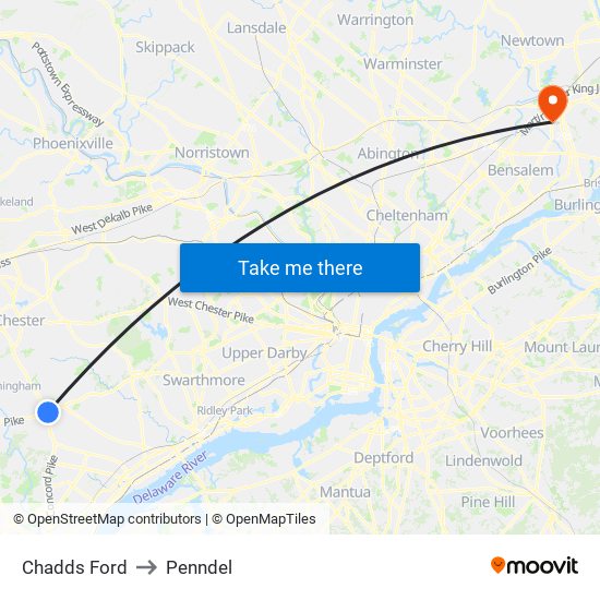 Chadds Ford to Penndel map