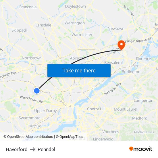Haverford to Penndel map