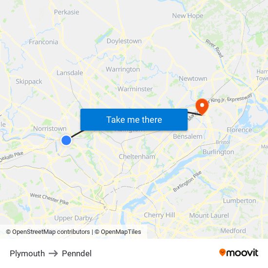 Plymouth to Penndel map