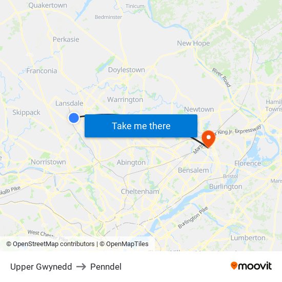 Upper Gwynedd to Penndel map