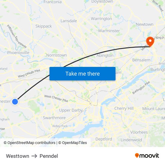 Westtown to Penndel map