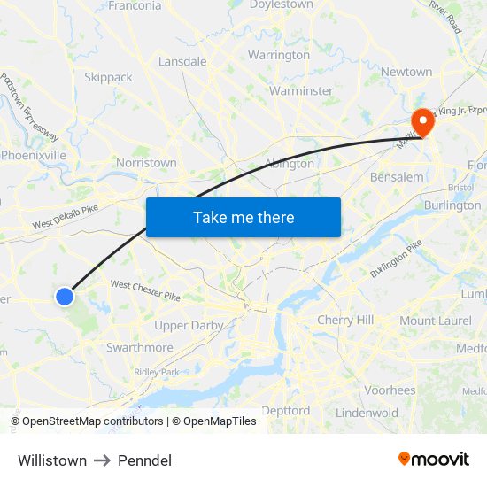 Willistown to Penndel map
