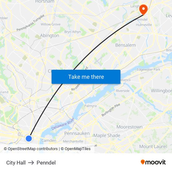 City Hall to Penndel map