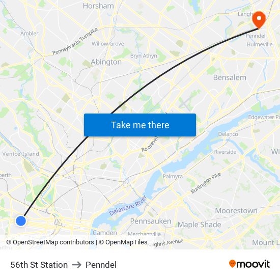 56th St Station to Penndel map