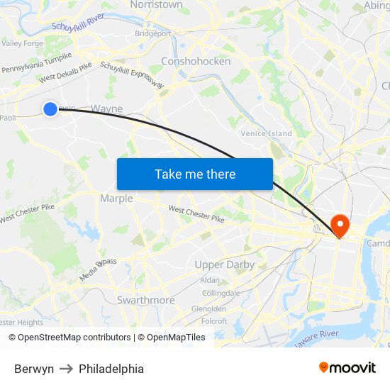 Berwyn to Philadelphia map