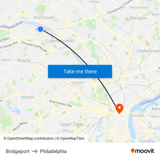 Bridgeport to Philadelphia map