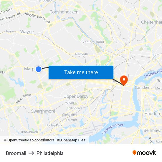 Broomall to Philadelphia map