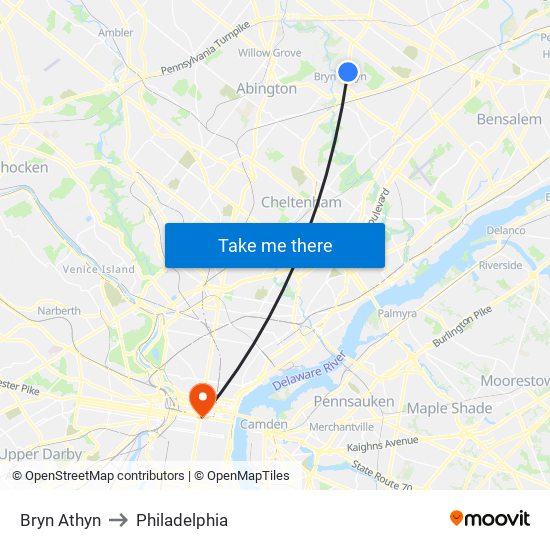Bryn Athyn to Philadelphia map