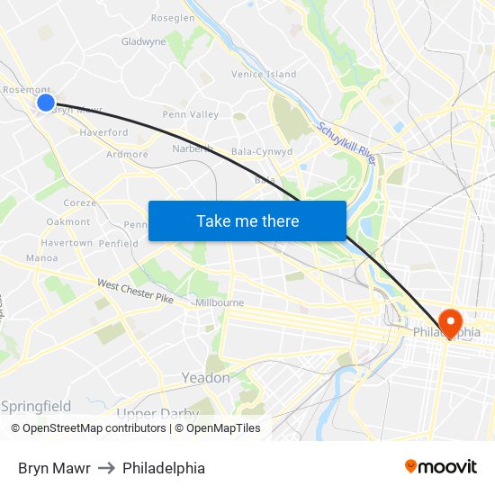 Bryn Mawr to Philadelphia map