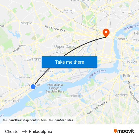 Chester to Philadelphia map