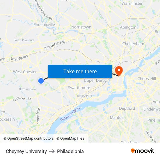 Cheyney University to Philadelphia map