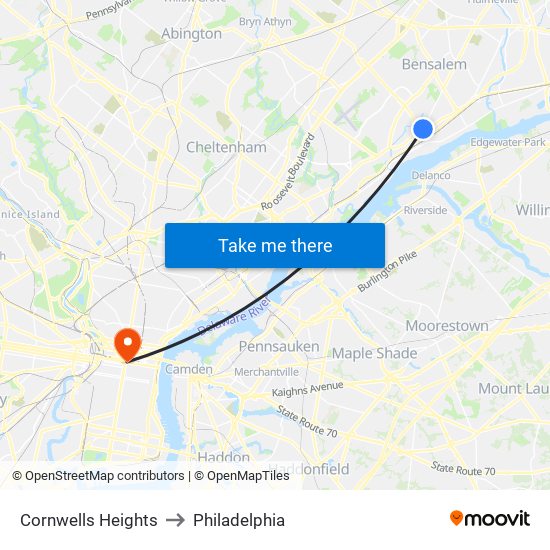 Cornwells Heights to Philadelphia map