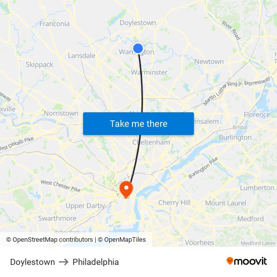 Doylestown to Philadelphia map