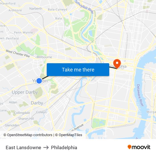 East Lansdowne to Philadelphia map