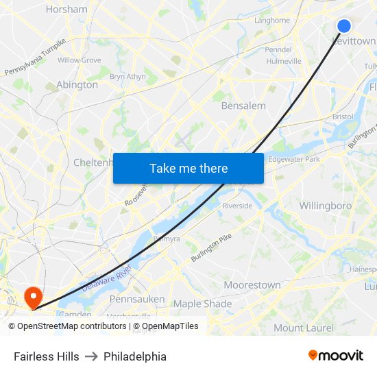Fairless Hills to Philadelphia map