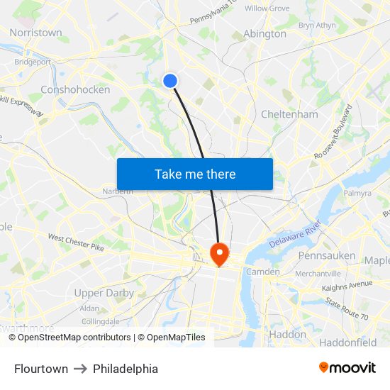 Flourtown to Philadelphia map