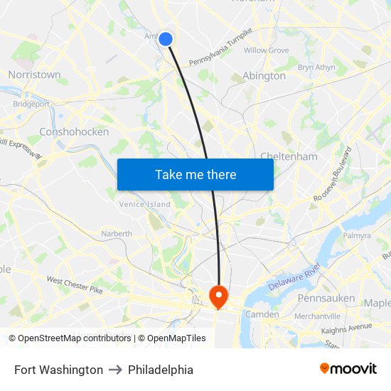 Fort Washington to Philadelphia map