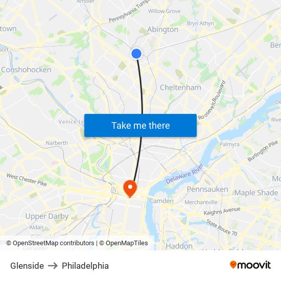 Glenside to Philadelphia map