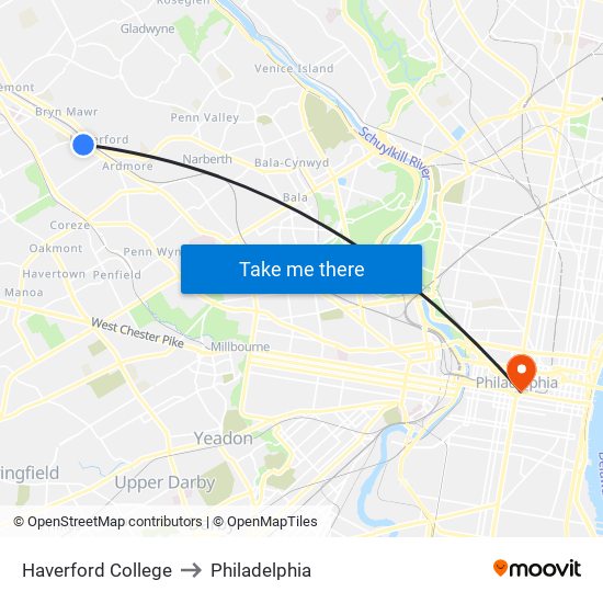 Haverford College to Philadelphia map