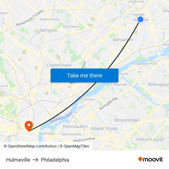 Hulmeville to Philadelphia map