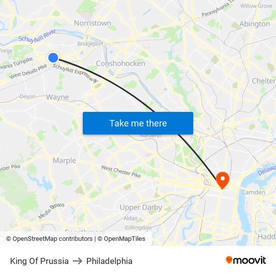 King Of Prussia to Philadelphia map
