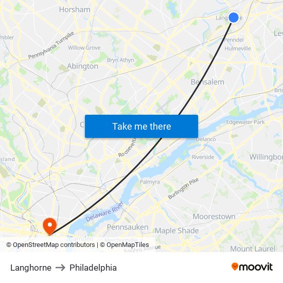 Langhorne to Philadelphia map