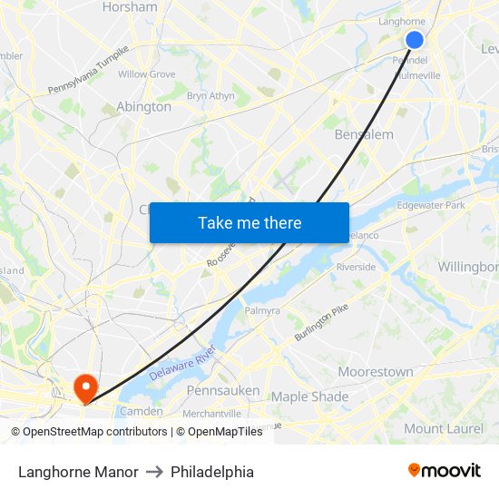 Langhorne Manor to Philadelphia map