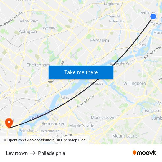 Levittown to Philadelphia map
