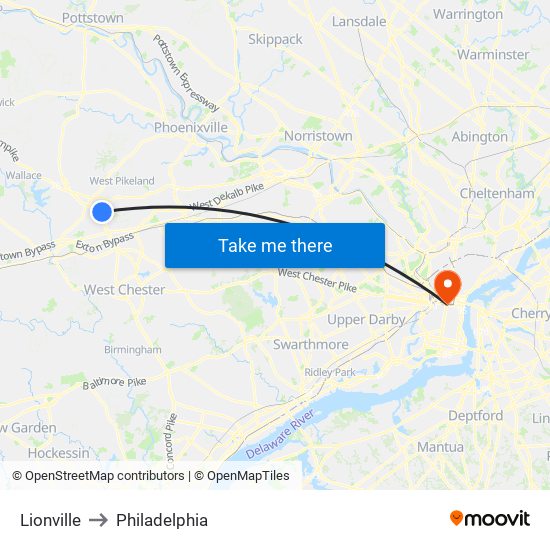 Lionville to Philadelphia map